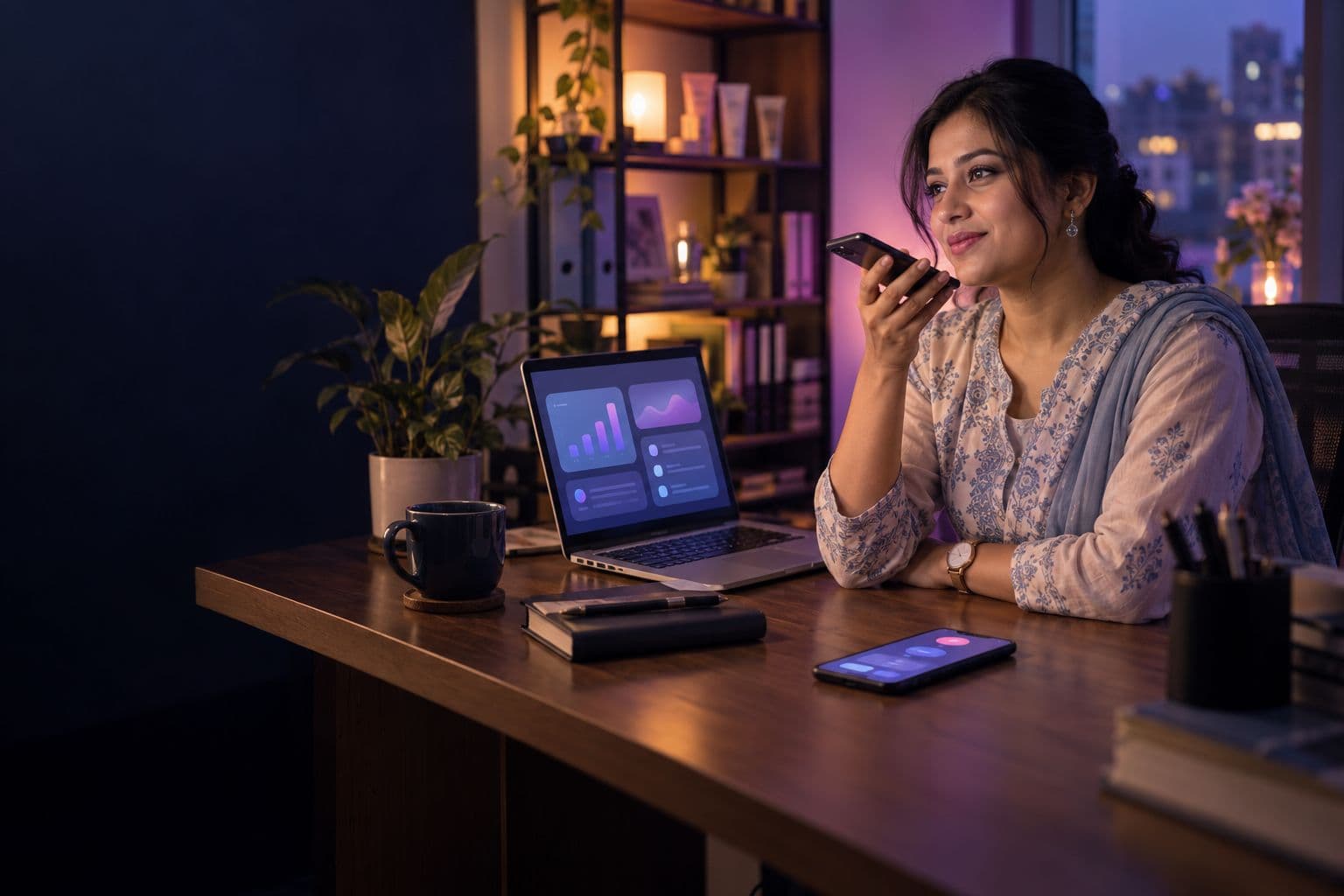 A business owner describing a software idea in a voice note on the phone, with a business app open on a laptop beside them
